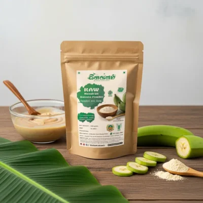 A packet of raw Nendran Banana Powder helping to nourish 6+ month old babies.