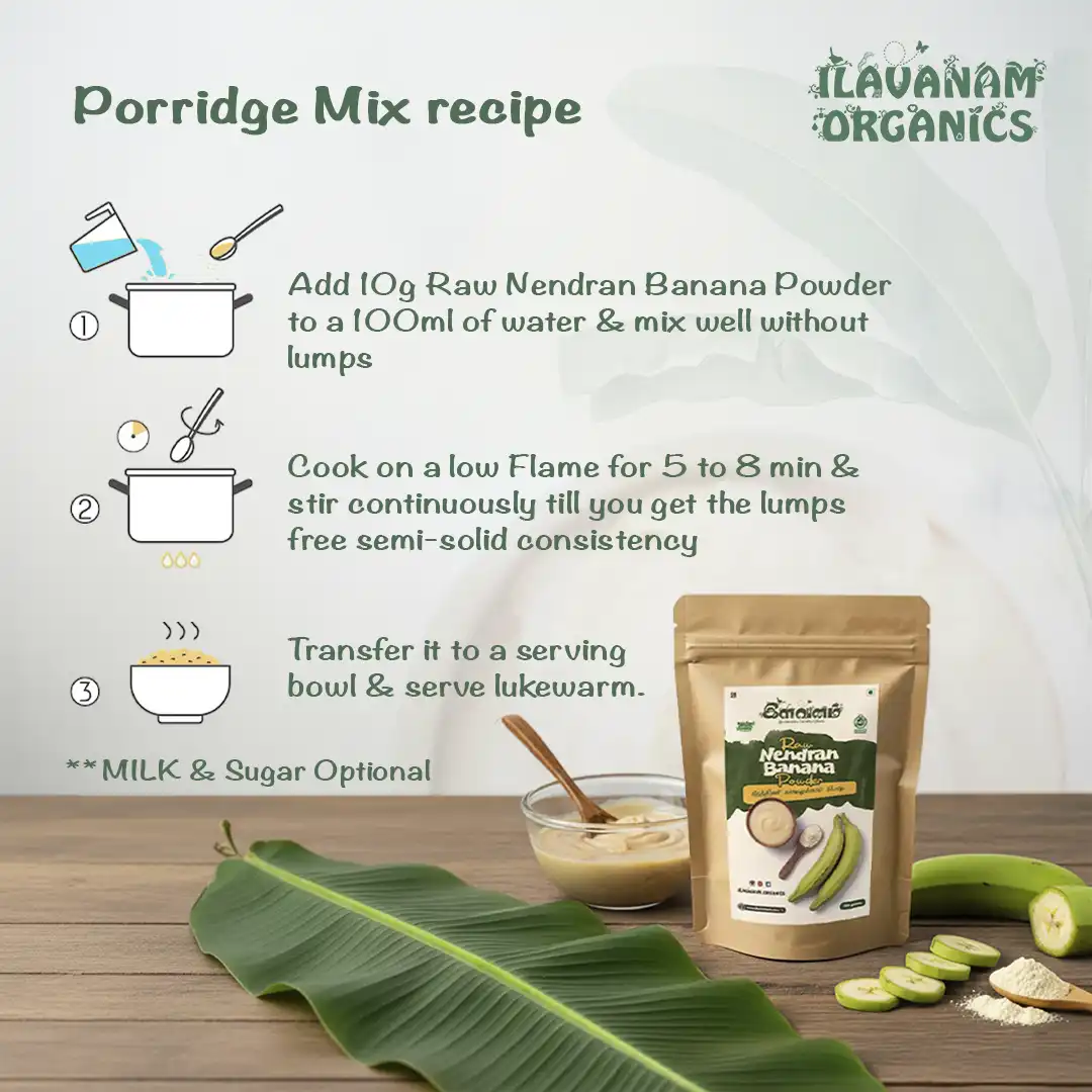 Infographic showing the 3-step baby porridge recipe for Ilavanam Organics Raw Nendran Banana Powder on a wooden table.