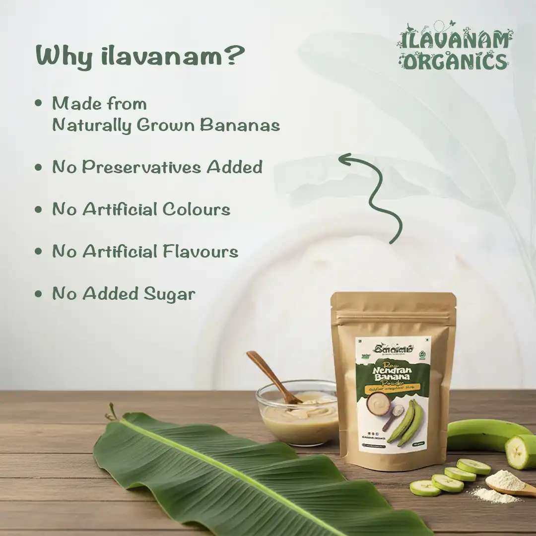 Ilavanam Organics infographic listing key benefits: naturally grown bananas, zero preservatives, colors, flavors, or added sugar.