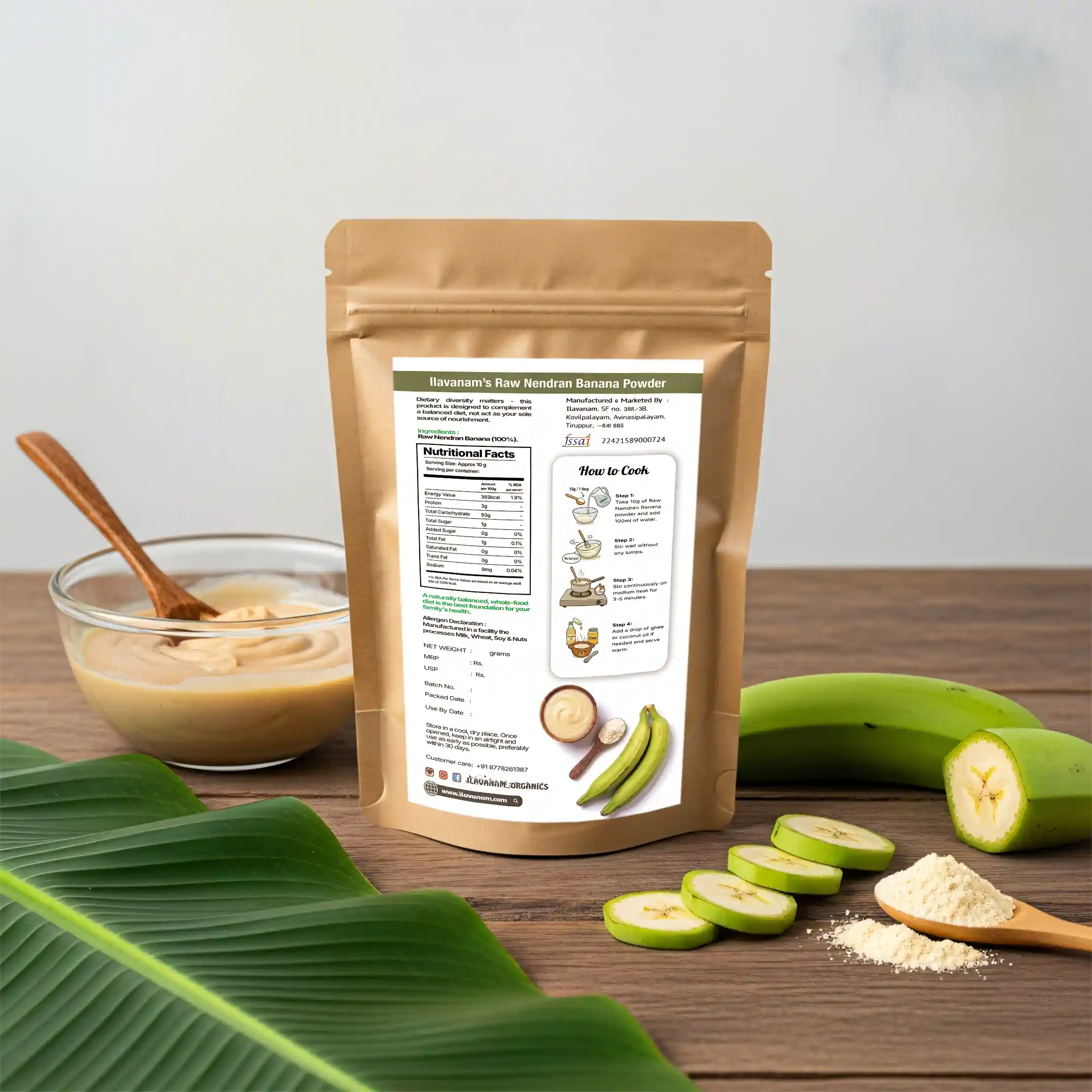 Ilavanam Raw Nendran Banana Powder back label showing 100% banana ingredients, 4-step cooking instructions, and nutrition facts.